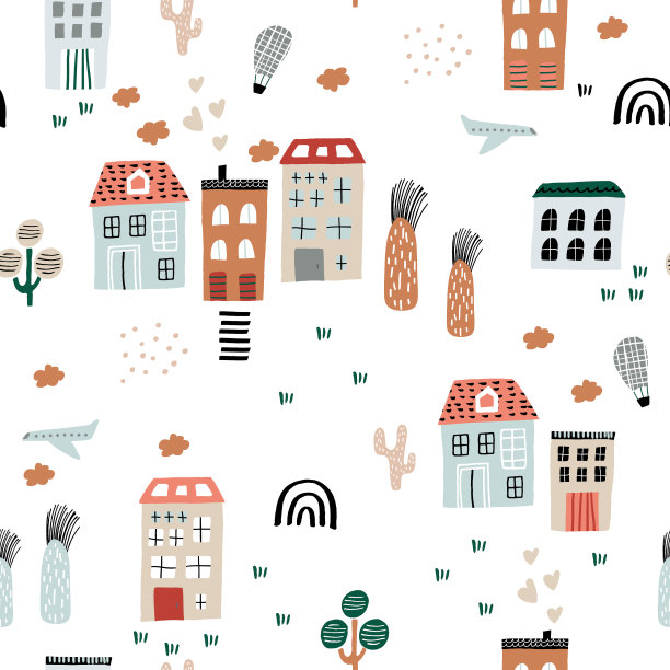 抽象的城市生活，房屋，摩天轮树，汽车和花卉元素无缝模式。时尚现代的面料，墙纸，纺织品，服装纹理。矢量图图片下载