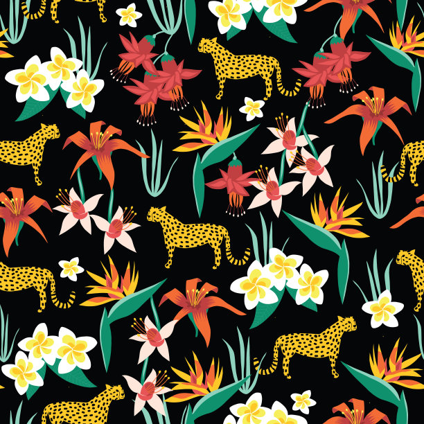 猎豹和奇异花朵无缝矢量图案。热带鸡蛋花，鸡蛋花，百合，紫红色，雷金，天极鸟花和非洲野猫在黑色的背景。夏天的设计。图片下载