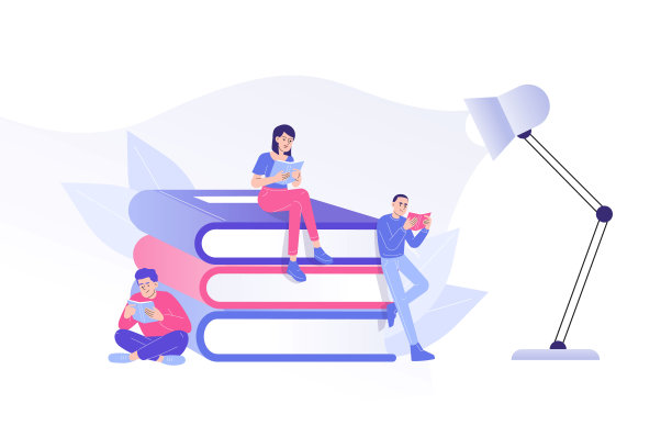 人们或学生坐在大书上看书。学习或准备考试。文学爱好者或情人的概念。图书节、书展或学生教育。矢量图图片下载