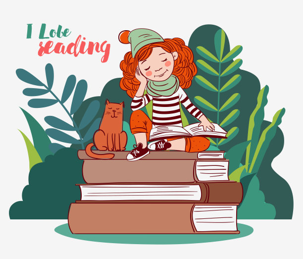 可爱的女孩和猫在花园里。女孩在看书。自然景观背景。暑假插图。休假时间图片下载