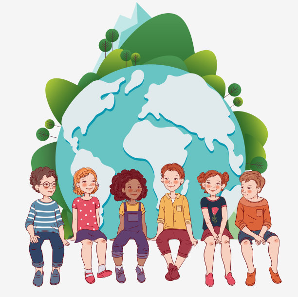 一群友善的孩子坐在白板上看世界地图。快乐的男孩和女孩。生态友好型生态理念。自然守恒矢量图图片下载