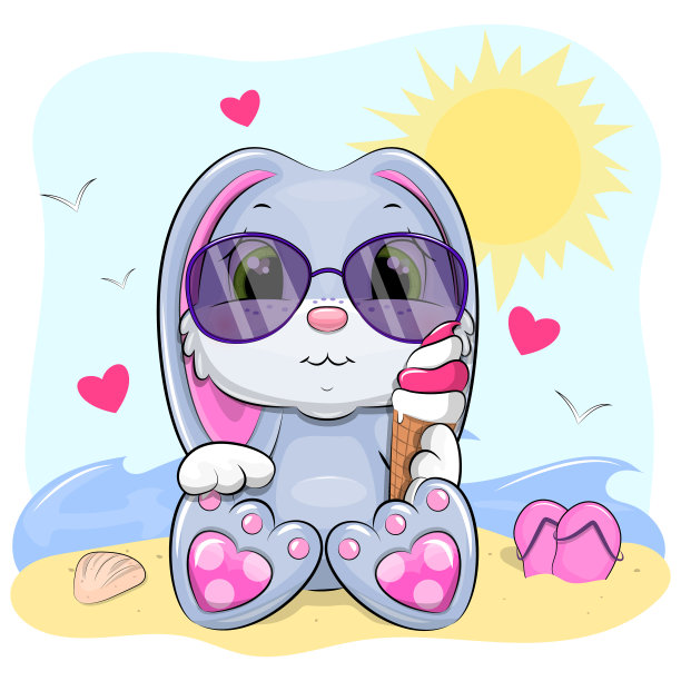 可爱的卡通兔子戴着太阳镜，在海滩上吃冰淇淋。图片下载