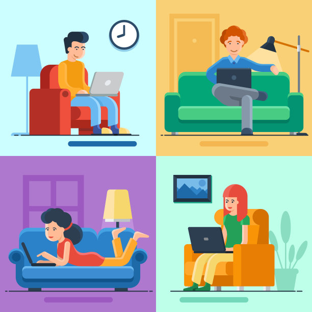 自由职业者设置与平面卡通人物在家里工作，检疫，冠状病毒，在家工作，自雇，家庭办公室，矢量插图。图片下载