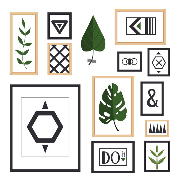 斯堪的纳维亚风格的绘画和植物的集合。几何形状的框架，怪物和其他植物图片下载