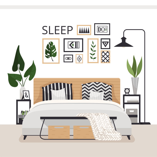 时尚的现代卧室在斯堪的纳维亚风格。极简舒适的室内，有抽屉，床，画，地毯和植物图片下载