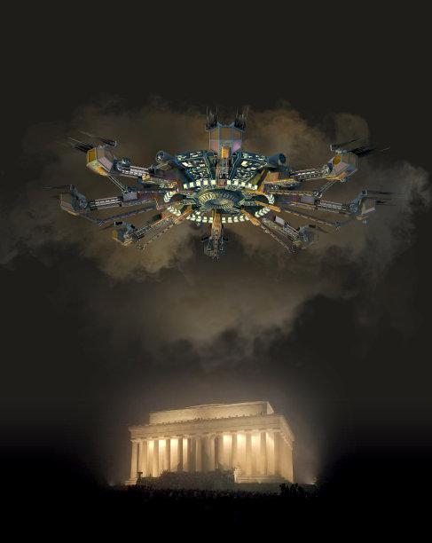 华盛顿特区林肯纪念堂上方的宇宙飞船图片下载
