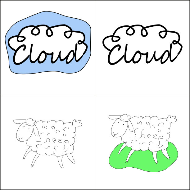 矢量stized图片或图标的白色快乐的羊与绿色的草坪和白云与蓝天在白色的背景图片下载