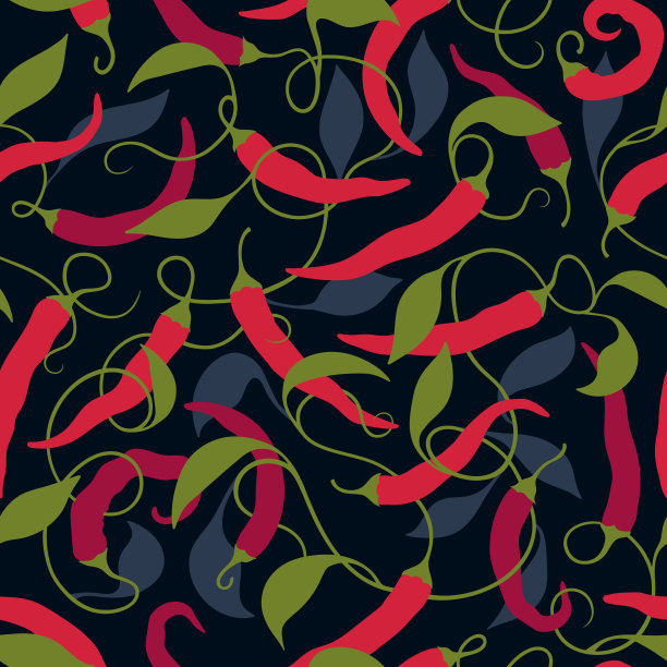 红辣椒的枝叶在黑色的背景上。无缝模式。图片下载