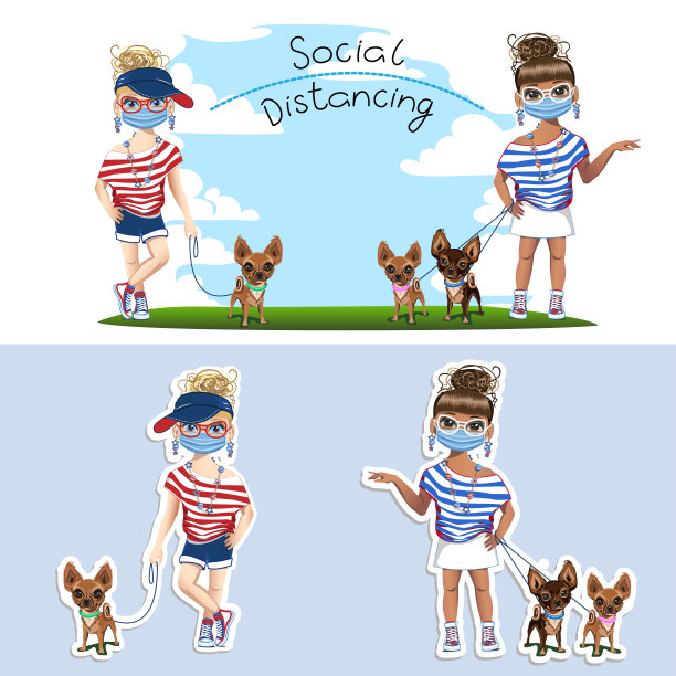 女孩们戴着防护面具遛狗。社会距离图片下载