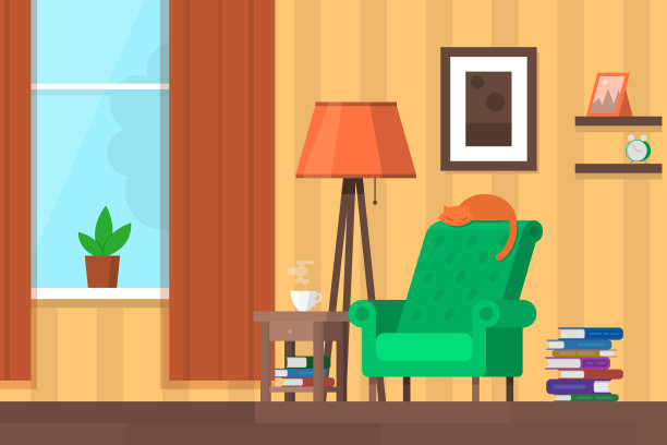 色彩缤纷的客厅和家具。模板的背景，海报，旗帜平面风格矢量插图。素材图片