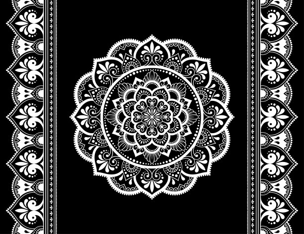 曼陀罗图案和无缝边框，用于指甲花绘画和纹身：民族东方风格装饰，黑白涂鸦手绘矢量插画图片下载