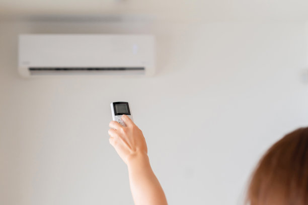 一个黑发女人拿着房间里空调的遥控器。后视图。图片下载