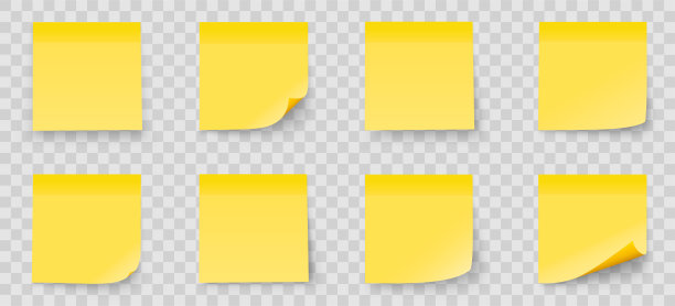 真实设置粘贴注意隔离在透明的背景。黄颜色。贴它的笔记集合与阴影库存向量。图片下载