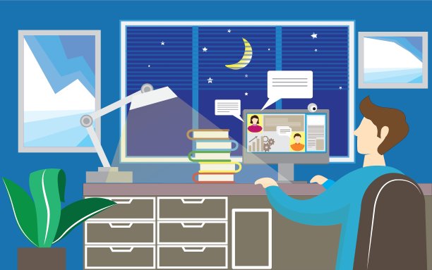 在家工作，工作场所，概念插图。年轻男性在家工作的自由职业者。矢量平面风格的插图。经济、通讯、邮件的经营理念。图片下载