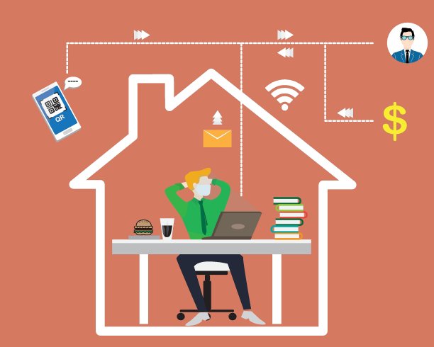 在家工作，工作场所，概念插图。年轻男性在家工作的自由职业者。矢量平面风格的插图。经济、通讯、邮件的经营理念。图片下载