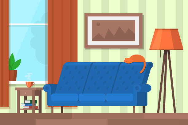 有家具的客厅。模板的背景，海报，旗帜平面风格矢量插图。素材图片