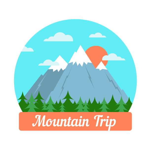 山旅行彩色平面插图。有白雪皑皑的山峰，阳光，云彩和下面的森林。山颜色平矢量插图与山旅行字母图片下载