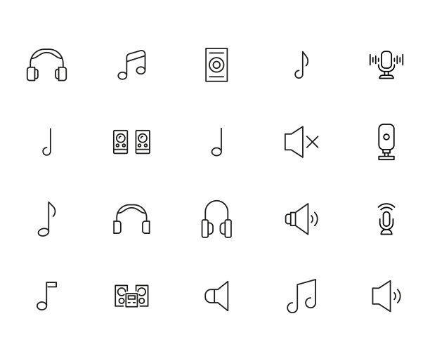 一组音乐相关的矢量线图标。图片下载