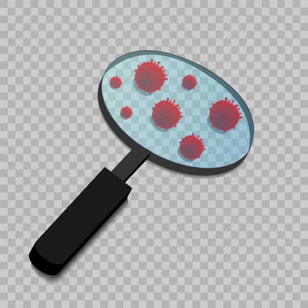 放大镜，通过它可以看到病毒细胞。大流行COVID-19。在你的项目中使用透明背景上的放大镜。停止冠状病毒。图片下载