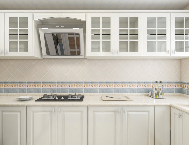 3D效果图，现代家庭厨房设计，新橱柜和带有冰箱的厨房用具，阳光透过窗户。图片下载