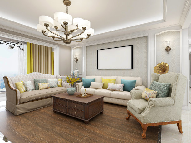 D效果图，干净整洁的现代客厅设计，入口配有鞋柜、沙发、电视、餐桌、休闲椅等设施)图片下载