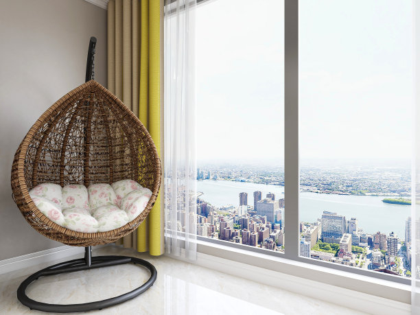 3D渲染，宽敞明亮的城市住宅封闭式阳台设计，绿色植物配木制桌椅休闲舒适。图片下载