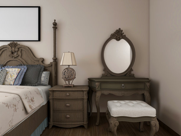 3D效果图，优雅宽敞的现代公寓卧室设计，大床旁的大衣柜，图片下载