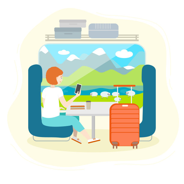 矢量女孩在一列火车望着窗外，并拍照的羊牧场的景色图片下载