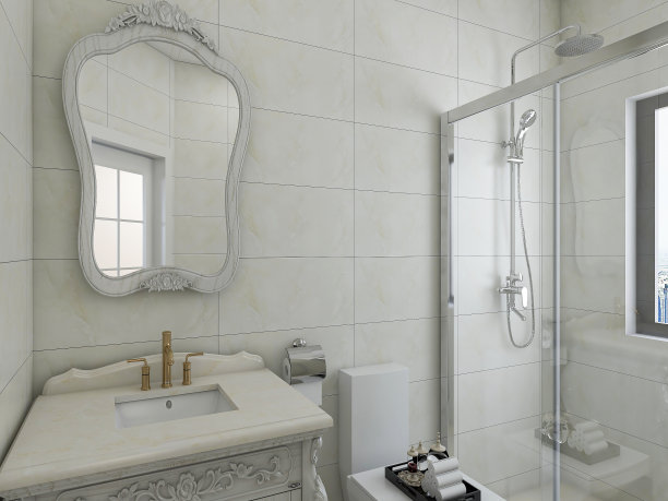 3D效果图，洁净现代住宅浴室及卫生间设计，配备盥洗台、卫生间、淋浴设备等。图片下载