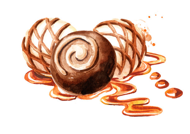 松露巧克力配焦糖酱。手绘水彩插图孤立的白色背景图片下载