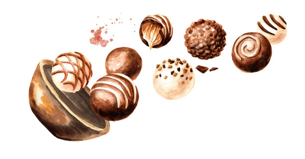 从碗里飞出来巧克力，松露，果仁。手绘水彩插图孤立的白色背景图片下载