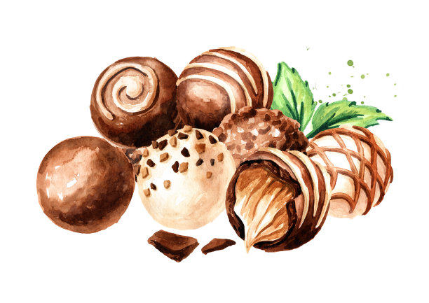 巧克力糖果，松露与软焦糖果仁馅，手绘水彩插图孤立在白色背景图片下载