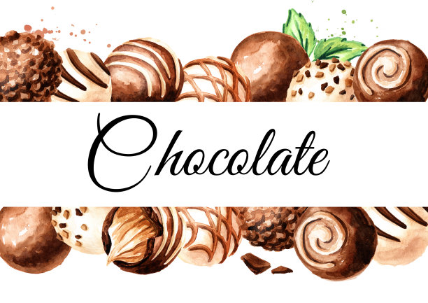 巧克力糖果，松露与软焦糖果仁卡，手绘水彩插图孤立在白色背景图片下载