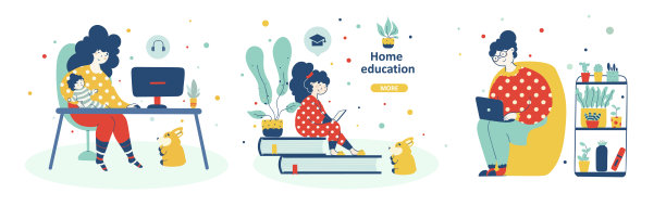 在线学习概念，现代平面矢量集插图。图片下载
