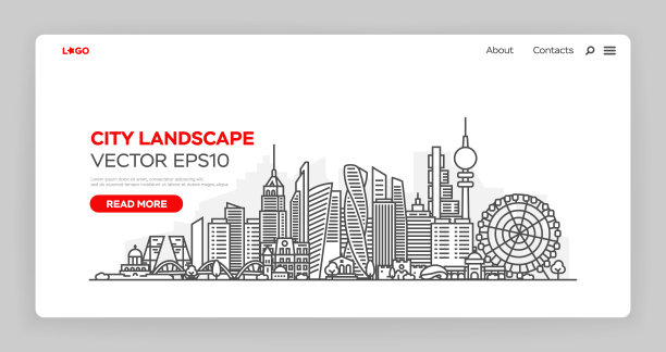 用于商业和旅游的网页设计模板。现代城市景观矢量插画概念网站和移动网站的发展。城市景观以左细线为关注焦点。图片下载