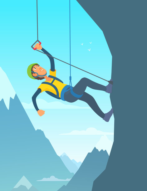 一个男人用登山设备爬山。背景是群山和天空。图片下载