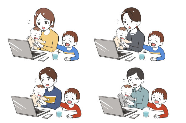 在两个孩子的哭声中远程工作图片下载