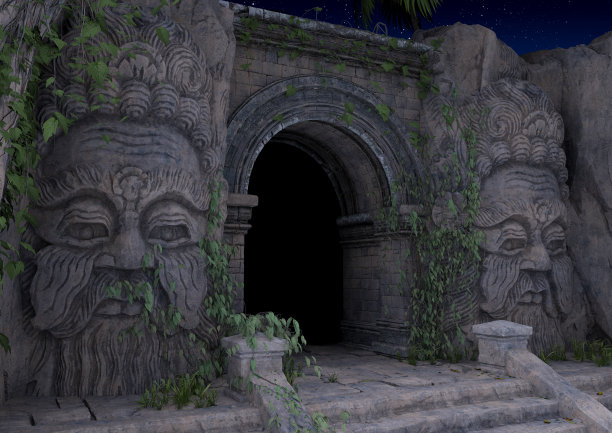 一个废弃的古庙，上面有个干净的游泳池。图片下载