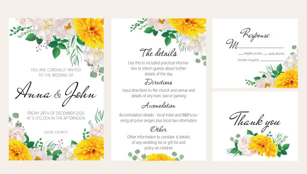 优雅的花卉婚礼邀请集牡丹，玫瑰和菊花。这套婚礼请柬模板包括四种模板:请柬、回复卡、详细信息和感谢卡。图片下载