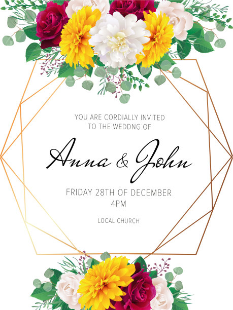 婚礼花型请帖，请帖设计以黄菊花、白玫瑰、白牡丹为花色，辅以优雅的几何金色相框。时尚婚礼卡片。现代模板向量,图片下载