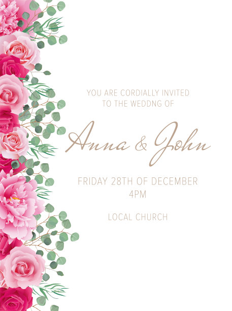 优雅的婚礼卡片，粉红色的玫瑰和粉红色的牡丹。可作为婚礼、生日等节假日的请柬。所有元素都是独立的和可编辑的。每股收益10图片下载