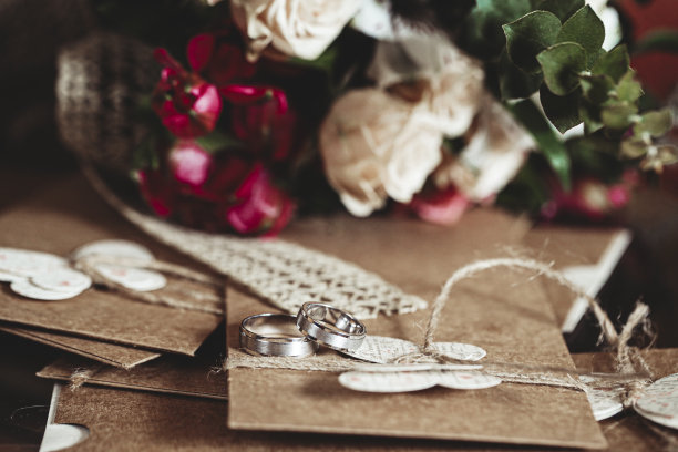 一堆结婚请柬上的一对相配的结婚戒指图片下载