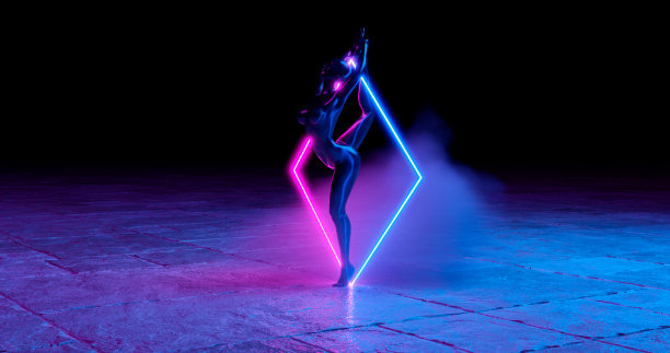 3 d渲染。一个用深色光泽材料制成的绰号女孩在石头表面发光菱形的内部垂直缠绕。在深蓝色的背景上。图片下载