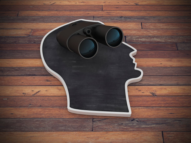 人的头形状与双筒望远镜在木地板- 3D渲染图片下载