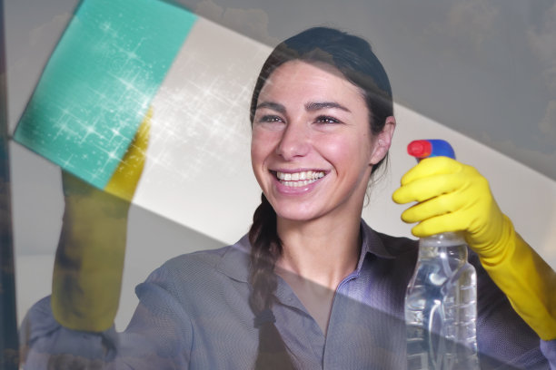 一个漂亮的女人正在努力打扫房间。图片下载