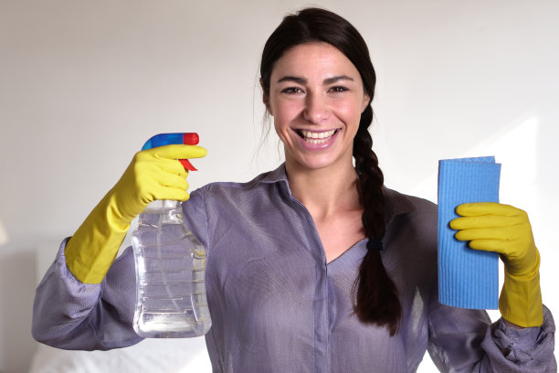 一个漂亮的女人正在努力打扫房间。图片下载