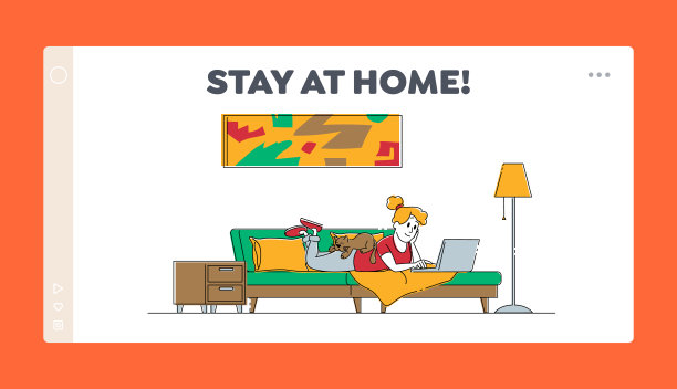 自我隔离，留在主页登陆页面模板。沙发上的女人用笔记本电脑工作，背上躺着一只猫。女性角色在网上聊天，在线观看视频。线性向量插图图片下载