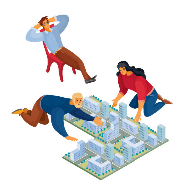 三维等高线，男人和女人靠在城市的布局上，一个男人坐在椅子上，若有所思地把手放在脑后，疲倦，想法，孤立的物体在白色的背景上，图片下载