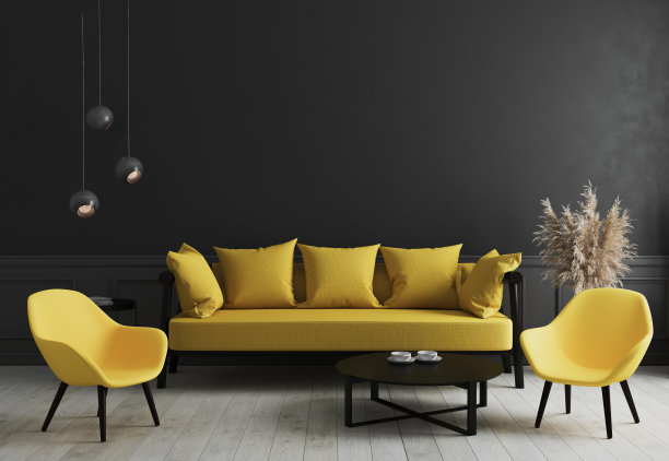现代的房间室内背景与黑色的墙壁和时尚的黄色沙发和设计扶手椅靠近咖啡桌，优雅，豪华，客厅室内模拟，3d渲染图片下载