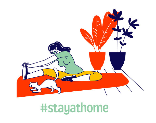 年轻女子与猫在做伸展运动在Covid - 19健康隔离期间在家。健身和体育活动，体操锻炼。线性向量插图图片下载